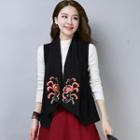 Floral Embroidered Lapel Open Front Vest