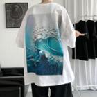 Elbow-sleeve Wave Print Oversized T-shirt