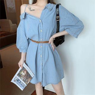 Elbow-sleeve Denim A-line Mini Shirtdress Blue - One Size