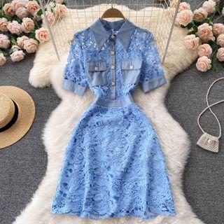 Cutout Lace Flower Trim Short-sleeve Dress