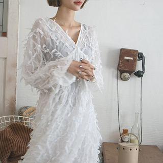 V-neck Fringed Sheer Long Empire Dress