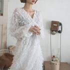 V-neck Fringed Sheer Long Empire Dress