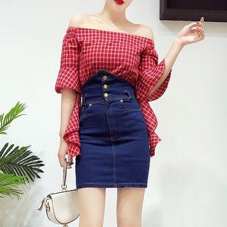 Set: Off Shoulder Elbow-sleeve Top + Denim Skirt