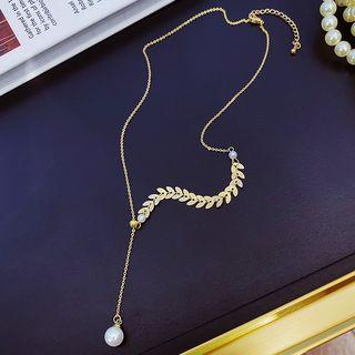 Faux Pearl Alloy Leaf Necklace Gold - One Size