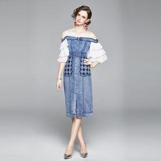 Elbow-sleeve Cold Shoulder Denim Sheath Dress