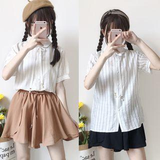 Pinstriped Short-sleeve Shirt / Wide Leg Shorts