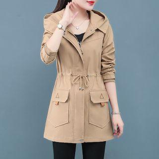 Drawstring-waist Hooded Zip-up Cargo Coat