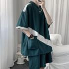 Set: Elbow-sleeve Two-tone Hooded T-shirt + Wide Leg Shorts