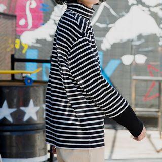 Long-sleeve Turtleneck Striped Panel Top