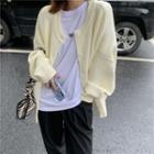 Plain Long-sleeve Knit Cardigan Light Yellow - One Size