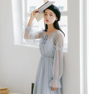 Set: Long-sleeve Mesh A-line Dress + Plain Slipdress
