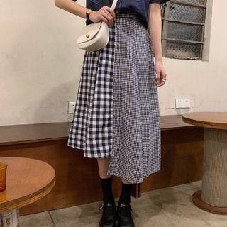 Short-sleeve Denim Shirt / Plaid Asymmetrical Midi A-line Skirt