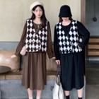 Long-sleeve Midi A-line Dress / Argyle Vest