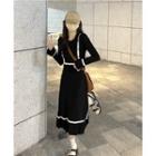 Round-neck Color Block Long-sleeve Knit Dress Black - One Size