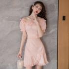 Off-shoulder Puff-sleeve Mini A-line Eyelet Dress