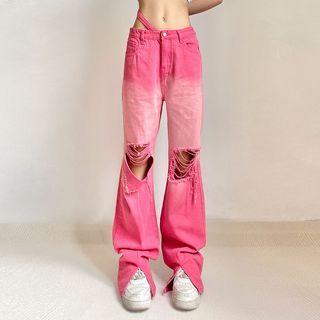 Distressed Gradient High Waist Straight Leg Jeans