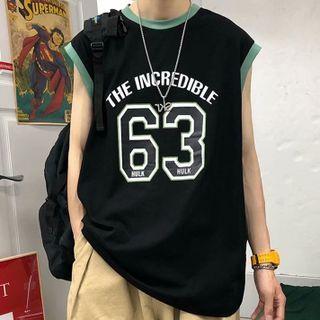Sleeveless Contrast Trim Lettering T-shirt