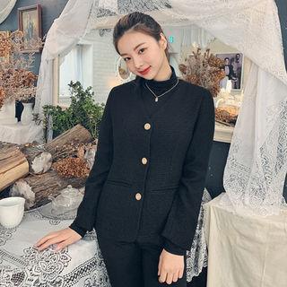Lapelless Metal-button Tweed Blazer