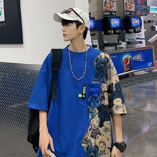 Short-sleeve Bear Print Panel T-shirt