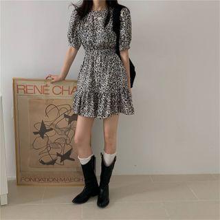 Print Leopard Puff-sleeve Dress As Shown In Figure - One Size