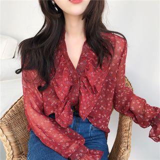 Floral Print Ruffle Trim Chiffon Blouse As Shown In Figure - One Size