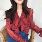 Floral Print Ruffle Trim Chiffon Blouse As Shown In Figure - One Size