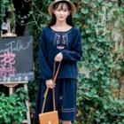 Set: Embroidered Long-sleeve Top + Midi Skirt Blue - One Size