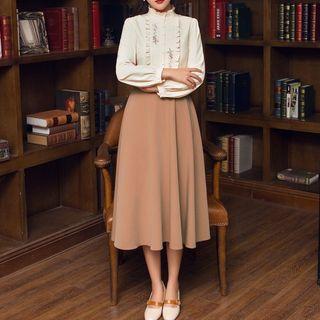 Mock Two-piece Long-sleeve Floral Embroidered Midi A-line Dress