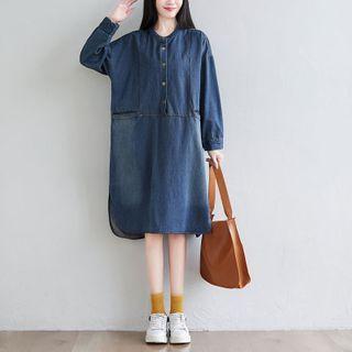 Long-sleeve Buttoned Midi A-line Denim Dress Blue - One Size