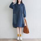 Long-sleeve Buttoned Midi A-line Denim Dress Blue - One Size