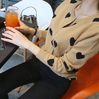 Hidden-button Heart Print Cardigan