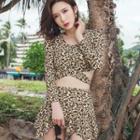 Set: Long-sleeve Leopard Print Swim Top + Swim Skirt
