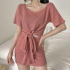 Set: Short-sleeve Tie-front T-shirt + Mini Skirt