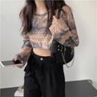 Long-sleeve Tie Dye Cropped Sweatshirt Gray & Brown - One Size