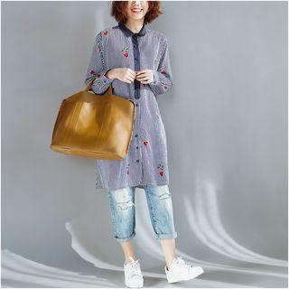 Long-sleeve Striped Floral Print Dress