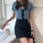 Lace-up Short-sleeve Cropped Top / Mini A-line Skirt
