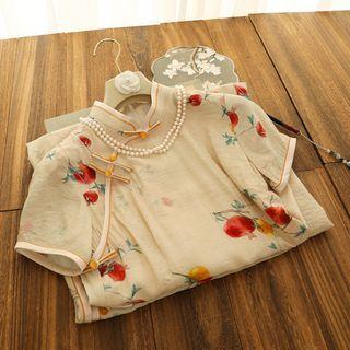 Short-sleeve Fruit Print Faux Pearl Midi Qipao