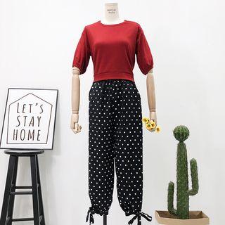 Set: Ribbon-back Crop T-shirt + Tie-hem Dotted Pants