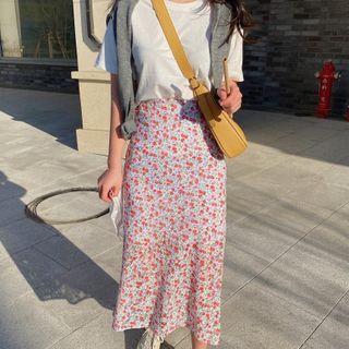 Floral Print Midi A-line Skirt / Short-sleeve T-shirt