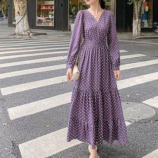 Long-sleeve Dotted Tiered Midi A-line Dress