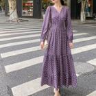Long-sleeve Dotted Tiered Midi A-line Dress