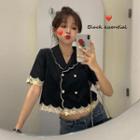 Lace Trim Double-breasted Short-sleeve Cropped Blouse