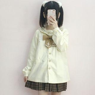 Bow-accent Sailor-collar Jacket / Pleated Skirt