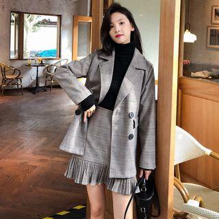 Set: Double Breasted Plaid Blazer + Pleated Hem A-line Skirt