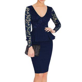 Lace Panel Long Sleeve Peplum Dress