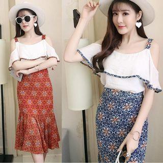 Set: Off-shoulder Ruffle Top + Printed Mermaid Skirt
