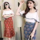 Set: Off-shoulder Ruffle Top + Printed Mermaid Skirt