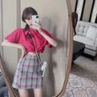 Short-sleeve Drawstring Cropped T-shirt / Plaid A-line Skirt