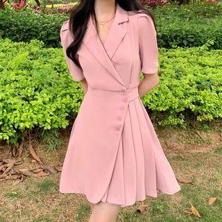 Short-sleeve Plain Asymmetrical Pleated Mini Dress