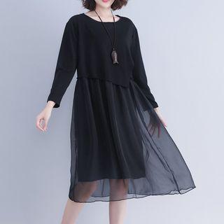 3/4-sleeve Mesh Overlay Midi A-line Dress